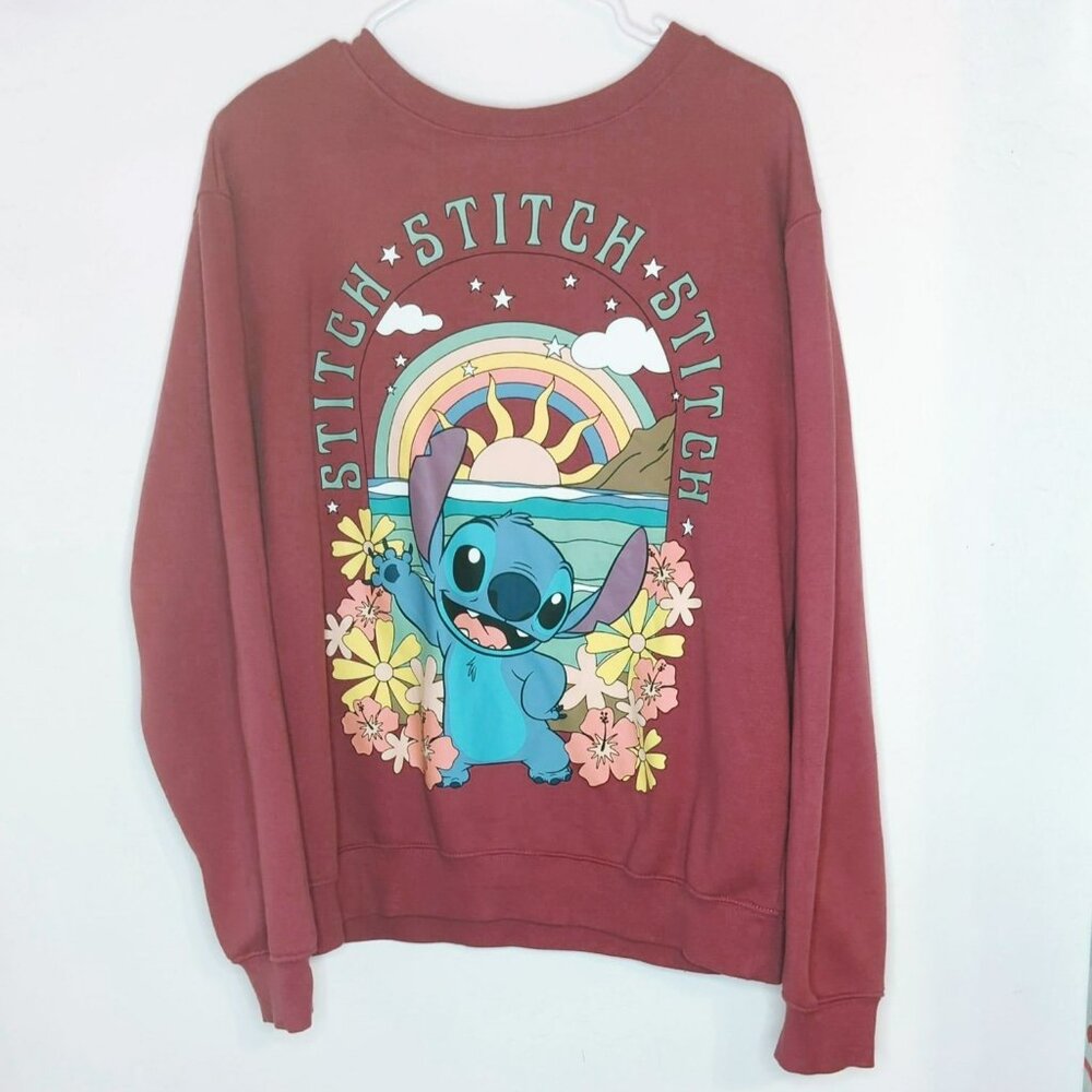 Disney Stitch XL Sweatshirt Rainbow Sunset Graphic & Floral Design Pink